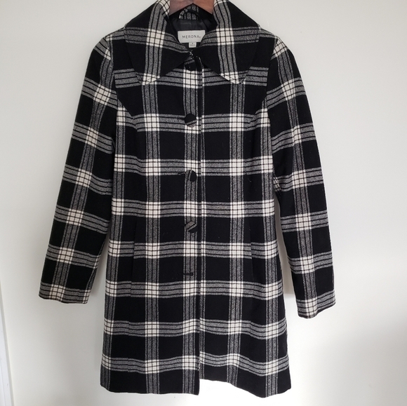 Merona Buffalo Check Black & White Plaid Wool Blend Coat Small Tartan - Picture 1 of 10